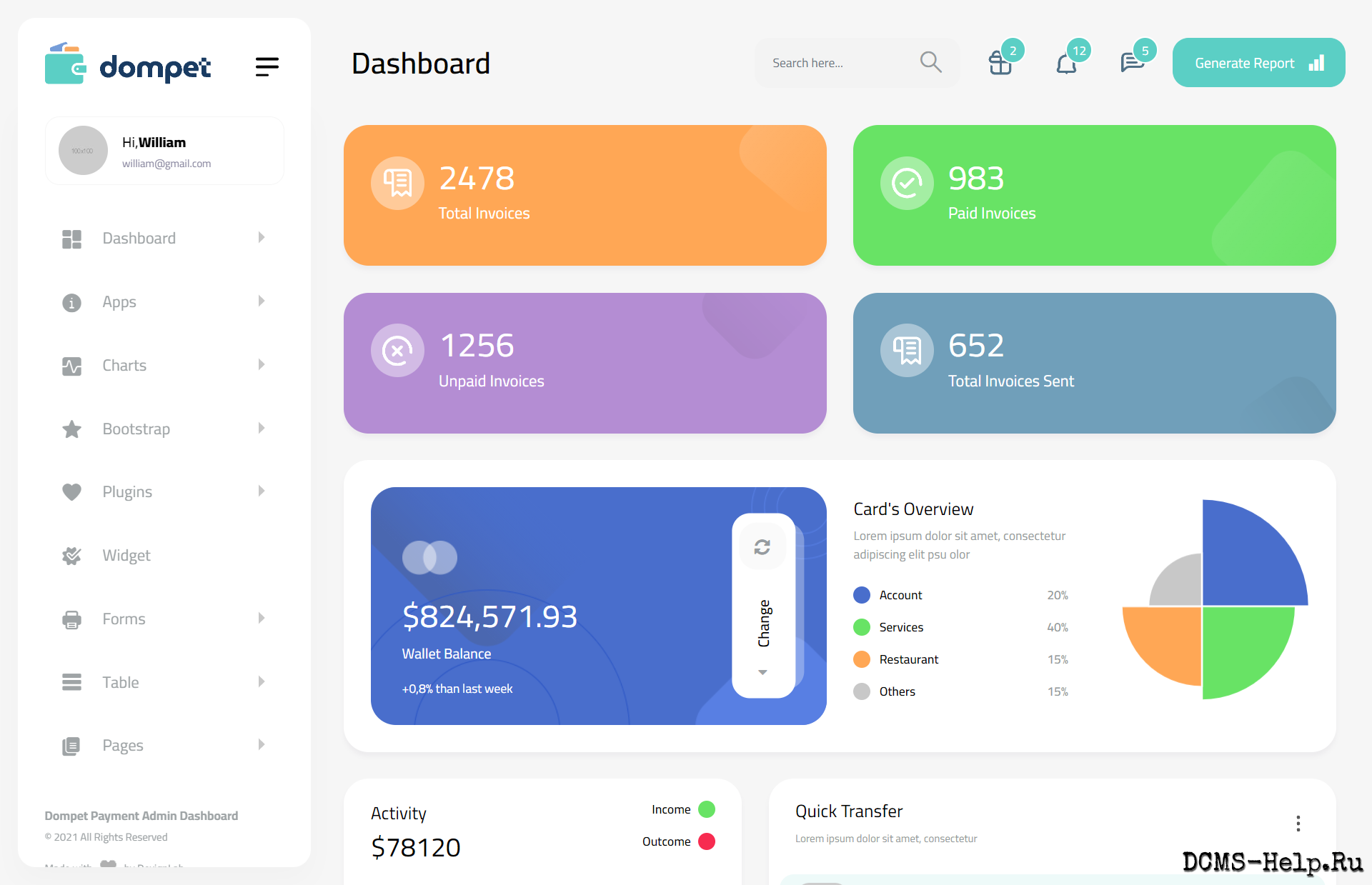 Bootstrap HTML шаблон панели администратора платежей, адаптивная тема админка с симпатичным дизайном и большим набором элементов готовых к установке на сайте.
* Bootstrap v5.1.3, HTML Files, CSS Files, JS Files.