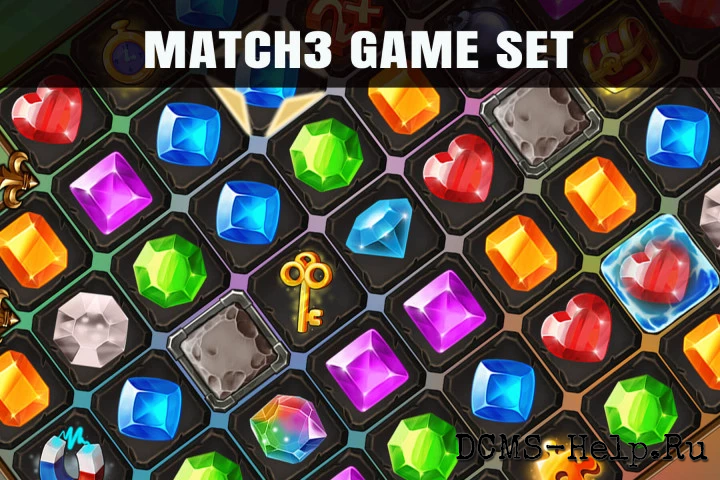 Представляем набор игровых ресурсов «Три в ряд». Это набор иконок (драгоценные камни, сундуки, ключи, магнит, бомба, часы, головоломка и т.д.). Размер каждого объекта — 512×512 пикселей. Графика будет полезна тем, кто хочет создать игру «Три в ряд». В архиве вы найдёте следующие форматы: PSD, PNG.