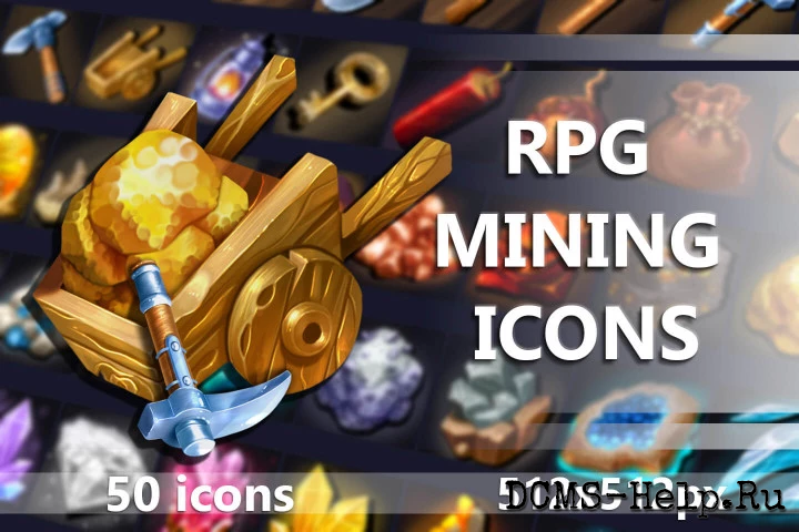 Представляем коллекцию из 50 иконок RPG Mining Icons. Это набор тематических предметов (инструменты, руда, кристаллы, останки животных), которые пригодятся в ролевых играх. Например, в играх, где ресурсы добываются для создания предметов. Каждая иконка с фоном имеет размер 512×512. 
Размер иконок без фона меняется в зависимости от самого предмета. 
В архиве вы найдете следующие форматы: PSD, PNG.