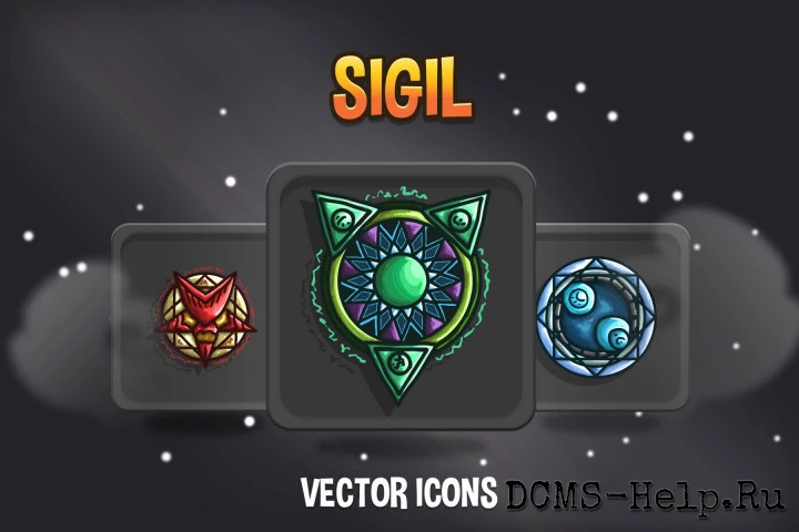 Перед вами игровые иконки Sigil RPG. 
Это символы, обладающие магической силой в ролевых видеоиграх. 
Например, персонаж может вставлять сигилы в снаряжение и улучшать его характеристики или иконки можно использовать как эмблемы для кланов.
Коллекция включает 48 уникальных символов. 
Размер каждой иконки — 256×256 пикселей. 
Графика векторная и легко редактируется. Архив содержит файлы в следующих форматах: AI, EPS, PNG.